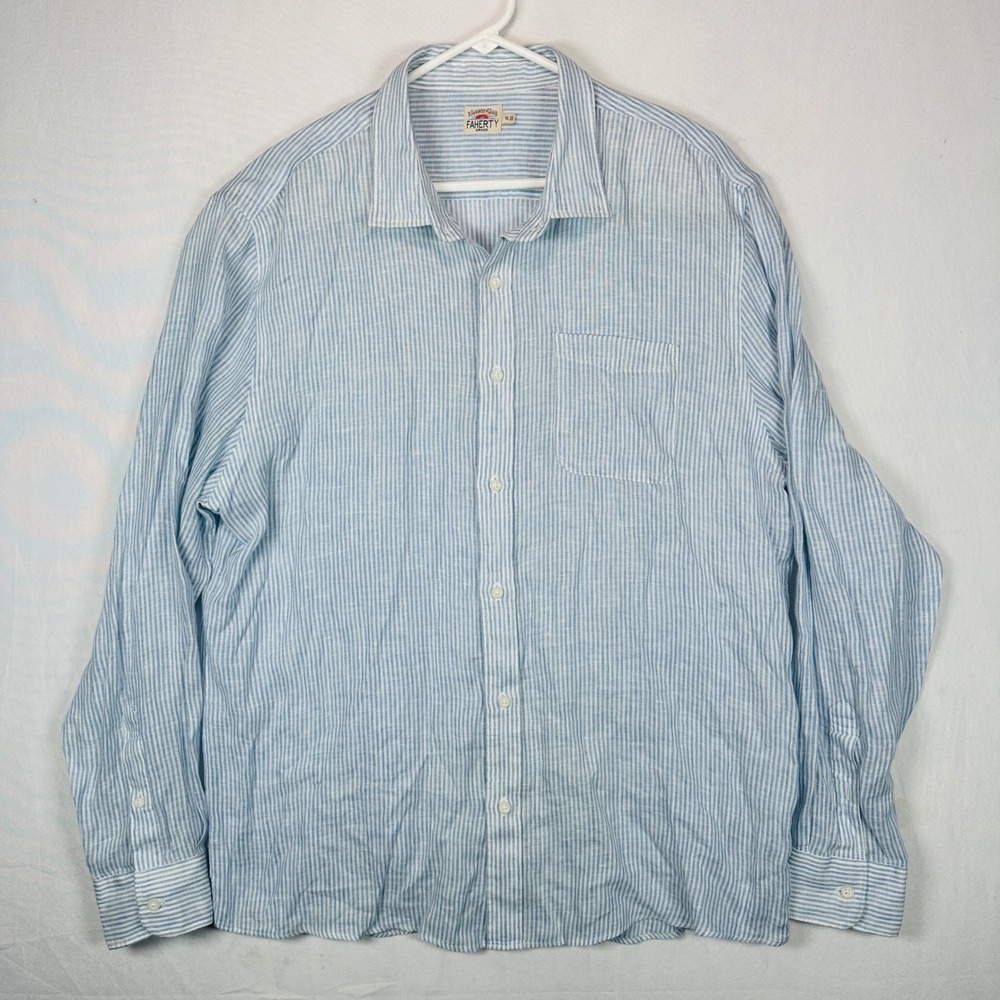 Faherty Laguna Linen Shirt Mens XL Long Sleeve Blue Striped Summer Classic $198
